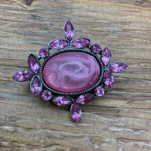 Pink Gemstone Acrylic Rhinestone Vintage Style Silver Tone Brooch